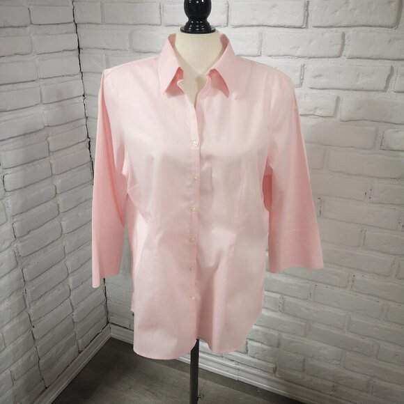 Lands' End Tops - Lands' End Ladies No Iron Pinpoint Oxford 3/4 Length Sleeves Pink Shirt